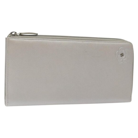 CHANEL Camelia Long Wallet Leather Silver CC Auth am7960 - Picture 1 of 16